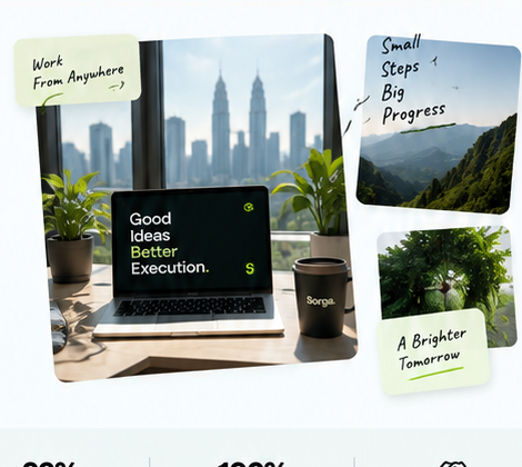 Laptop workspace with Sorga idea cards and handwritten notes